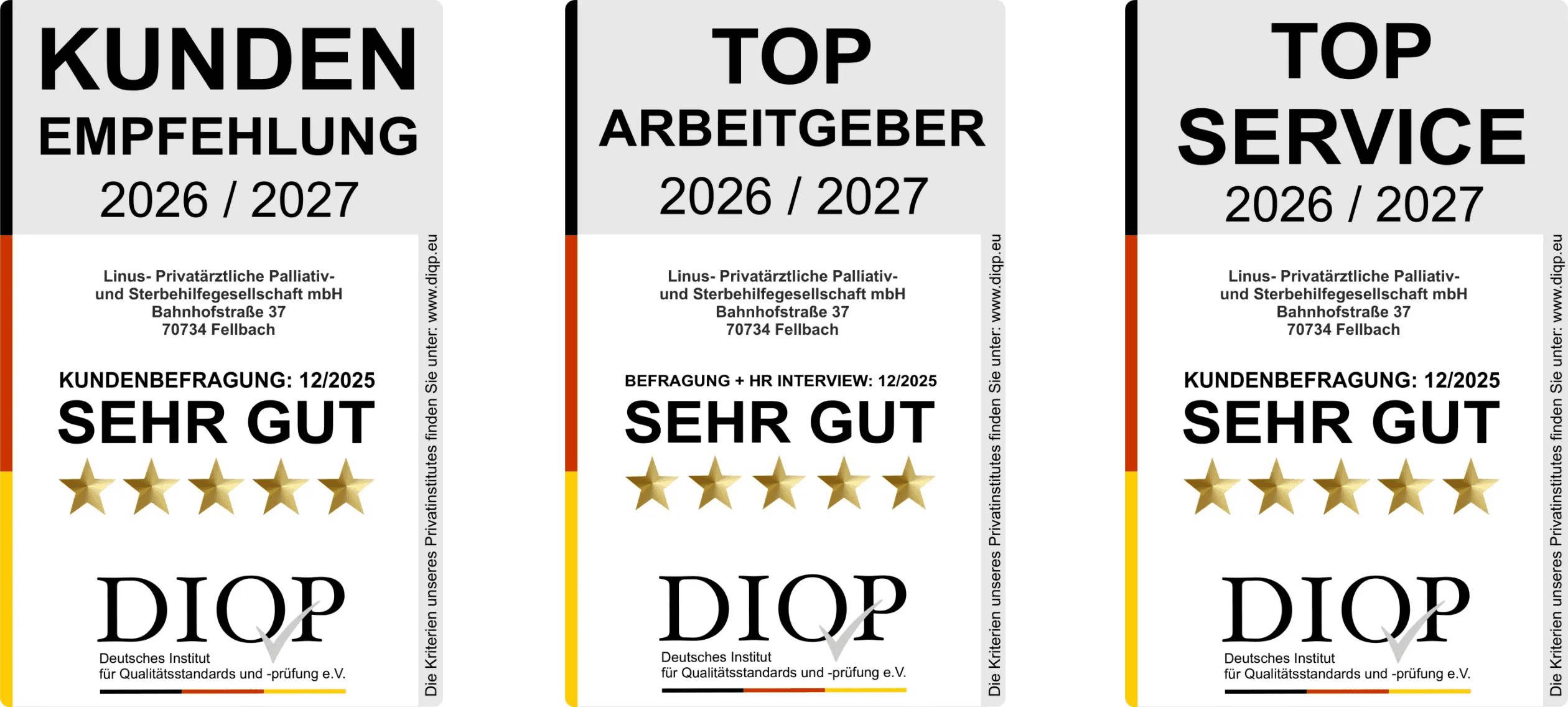 DIOP Auszeichnungen: Kundenempfehlung, Top Arbeitgeber, Top Service